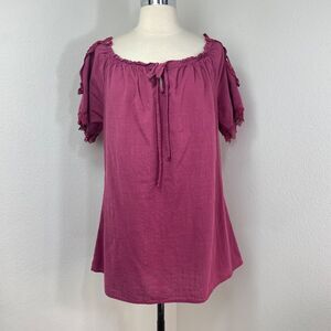 Womens Maroon Cotton Blend Gauze Boho Blouse 3XL Crochet Lace Trim Short Sleeves